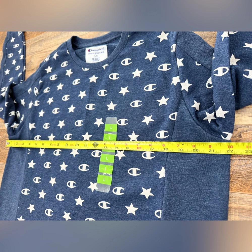 Champion Women's Blue All Over Stars and Logo Long Sleeve Pullover Tee, Size L - Picture 2 of 9